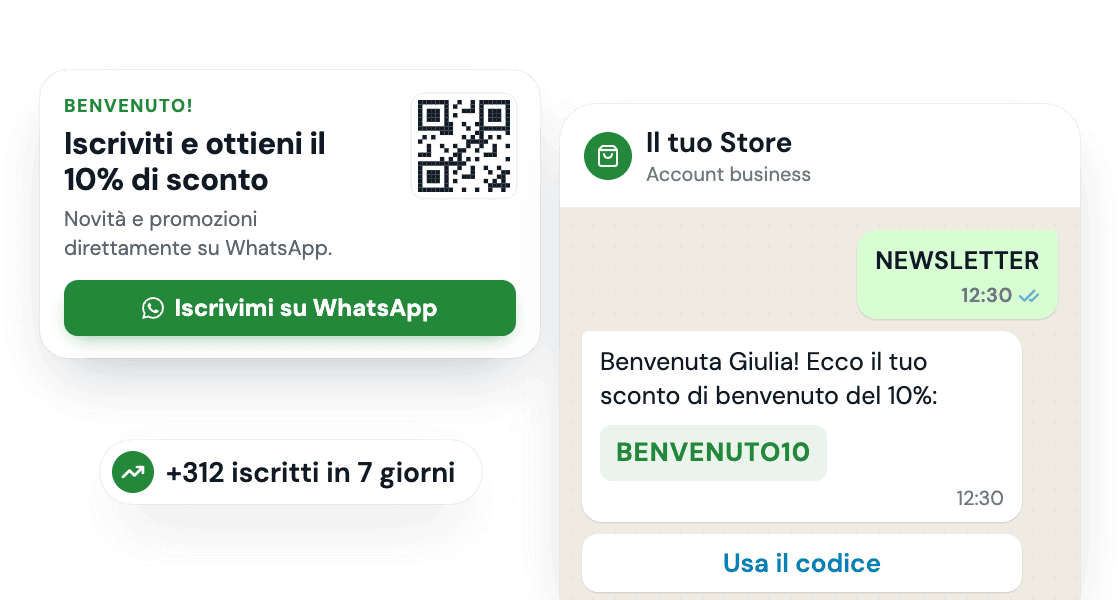 Popup di iscrizione alla newsletter WhatsApp e messaggio di benvenuto con codice sconto